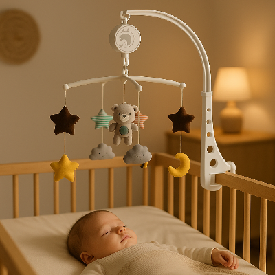 Mobile bebe musical en peluche ours, installé sur le lit de bébé qui dort dedans paisiblement.
