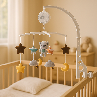 Zoom de près sur le mobile bebe musical en peluche ourson.