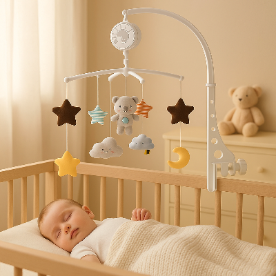 Mobile bebe musical en peluche suspendu sur le lit de bébé. Il dort bien grâce aux sons douces.