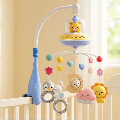 Mobile bebe musical lumineux installé sur le lit de bébé créant une ambiance chaleureuse.