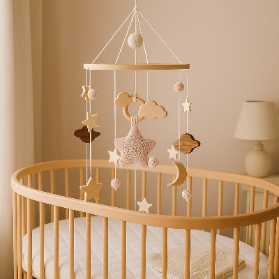 Mobile bebe nuage musical suspendu sur le lit créant un endroit rêveur pour les tout-petits.