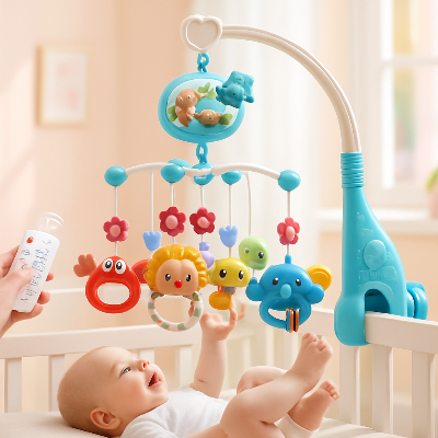 bébé joue avec les jouets suspendus sur le mobile bebe attaché sur son berceau.