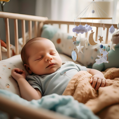 Bébé dort en présence rassurante du mobile pour lit bebe univers et étoiles.