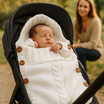 Bébé enveloppé dans son nid d'ange bebe deluxe dans sa poussette au parc.