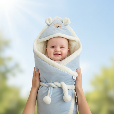 Bébé enveloppé dans son nid d'ange bébé cocon nuageux bleu dans les bras du parent
