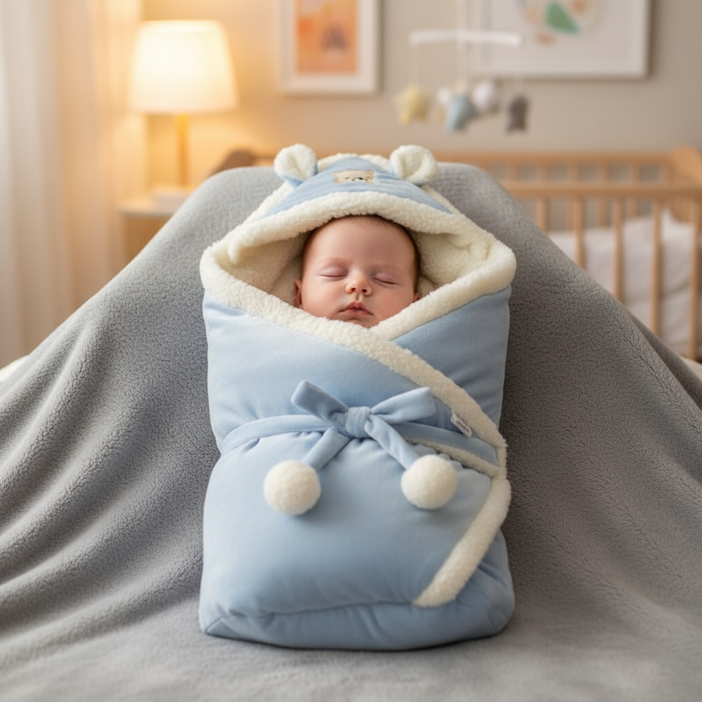 Bébé dort dans son nid d'ange bébé  cocon nuageux bleu dans la maison