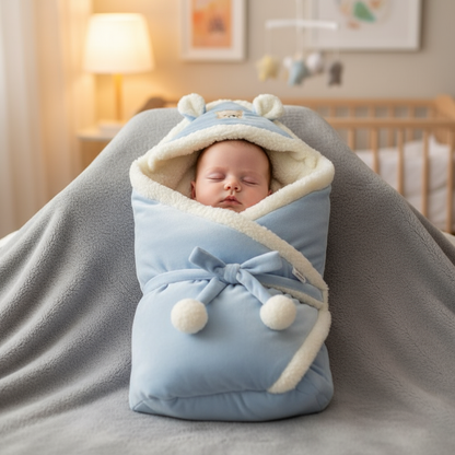 Bébé dort dans son nid d'ange bébé  cocon nuageux bleu dans la maison