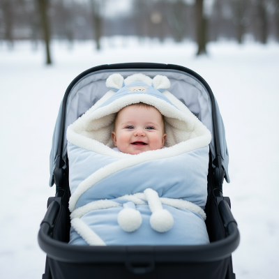 Bébé enveloppé dans son nid d'ange bébé cocon nuageux velours bleu en promenade d'hiver