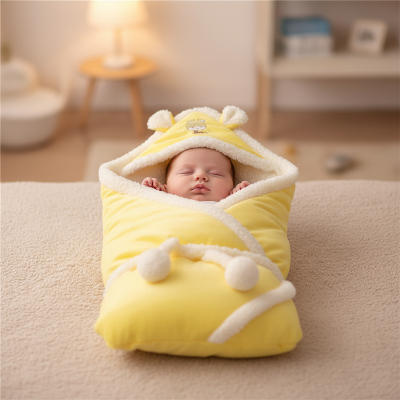 Bébé dort dans son nid d'ange bebe cocon nuageux jaune sur le sofa.