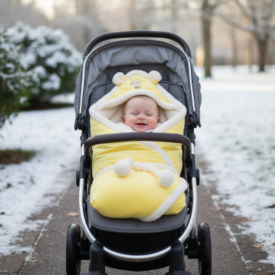 Bébé est enveloppé dans son nid d'ange bebe cocon nuageux jaune placé dans sa poussette à l'extérieur par temps froid.