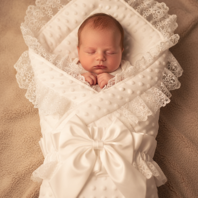 Bébé dort dans son nid d'ange bebe luxe 5 pièces dentelle blanc.