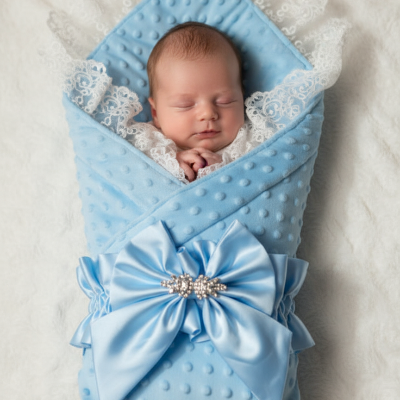 Bébé dort dans son nid d'Ange bebe luxe 5 pièces dentelle bleu.