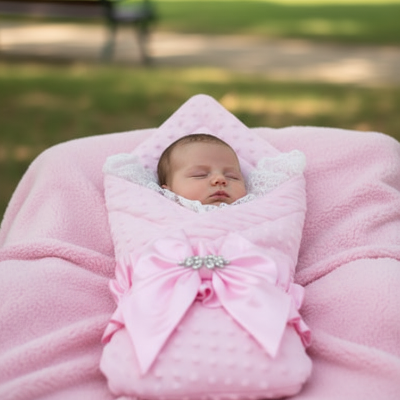 Bébé dort dans son nid d'ange bebe luxe 5 pièces dentelle rose au parc.