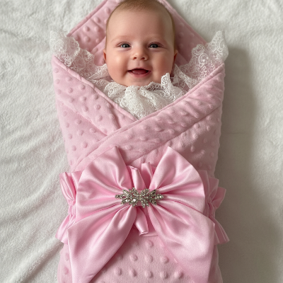 Bébé fille enveloppée dans son nid d'ange bebe luxe dentelle souriante.