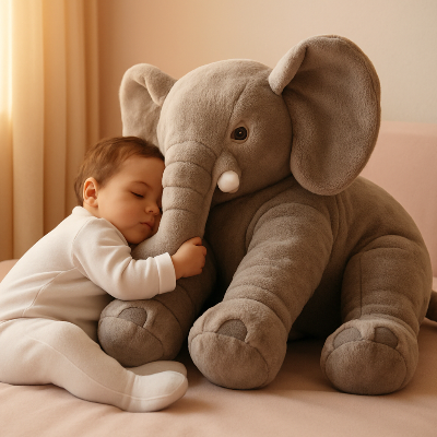 Bébé s'accote à sa peluche elephant pour dormir assis.