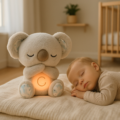 Bébé dort sur le plancher à côté de sa peluche koala grise.