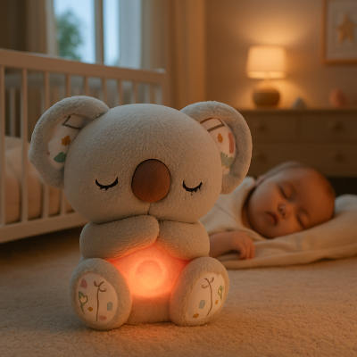 Vue de près sur la peluche koala grise, derrière le bébé couché au sol.