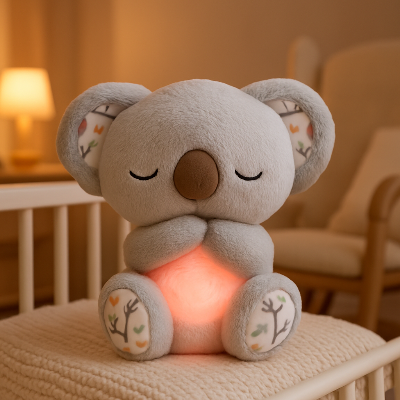 Zoom de près sur la peluche koala grise, déposé sur un banc dans la chambre de bébé.