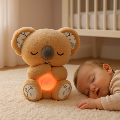 Bébé dort sur le plancher en présence de sa peluche koala jaune.