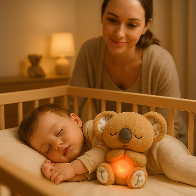 Bébé dort paisiblement, placé sur lui la peluche koala jaune. Maman regarde souriant par-dessus son lit. 