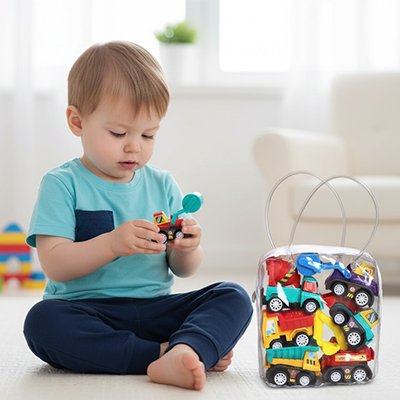 Petit garçon jouant avec des petites voitures jouets sur le tapis.
