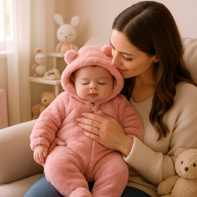 Maman assis sur un sofa caressant son bébé fille portant ce pyjama bebe rose.