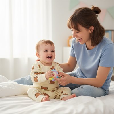 Maman se réjouit avec son petit qui porte le beau pyjama bebe 100% coton doux beige.