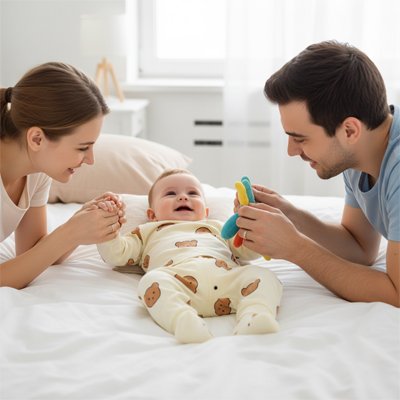 Les parents jouent avec le bébé portant le pyjama bebe 100% coton doux beige.