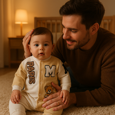 bébé porte le pyjama bebe khaki assis sur le plancher dans sa chambre et papa le soutenant avec sa main derrièere est à côté de lui en souriant.