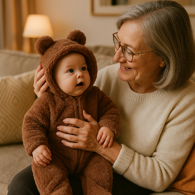 Grand-maman tient le petit dans ses bras souriante pendant qu'il est habillé dans son pyjama bebe ourson douillet