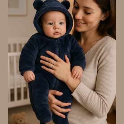 Maman tient le bébé dans ses bras portant le pyjama bebe polaire Bleu.