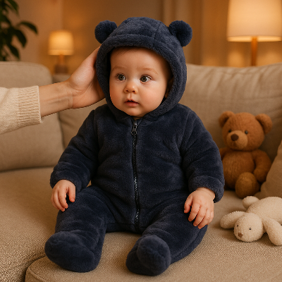 bébé assis sur le sofa portant pyjama bebe polaire bleu mignon et maman à côté.