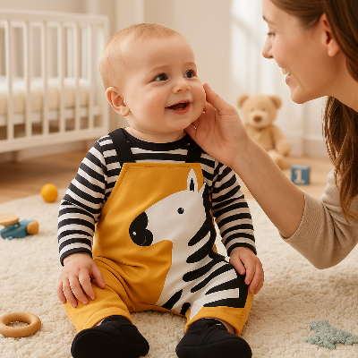 bébé assis sur le plancher dans sa chambre portant le pyjama bebe zèbre et maman proche le caresse et le regarde avec grand sourire.
