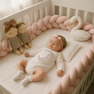 Un petit bébé dort tranquillement dans son lit se sent en sécurité comme dans le ventre maternel grâce à ce tour de lit bebe rose.