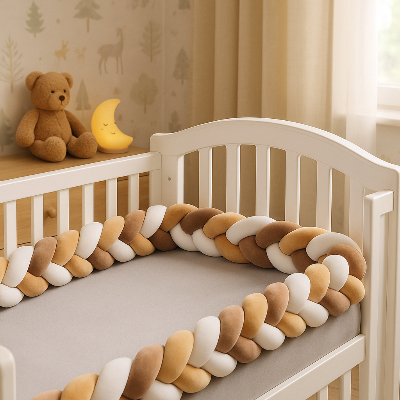 le tour de lit tressé beige brun et blanc fait tout le périmètre sur les côtés de lit à barreaux.