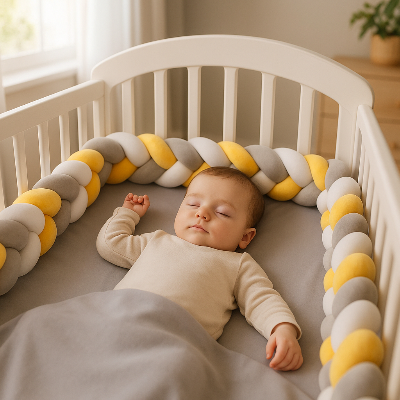 bébé dort paisiblement dans son lit à barreaux entouré de ce tour de lit tressé jaune, blanc et gris. 