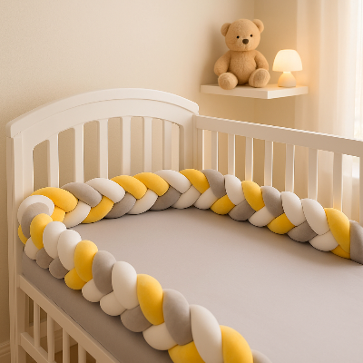 le tour de lit tressé jaune, blanc et gris fait le périmètre du lit de bébé. Bonne épaisseur pour garder bébé confortable sans avoir froid en hiver.