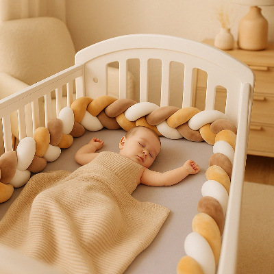 bébé dort tranquillement dans son lit. le tour de lit tressé jaune, blanc et gris fait le périmètre sur tous les côtés de son berceau.
