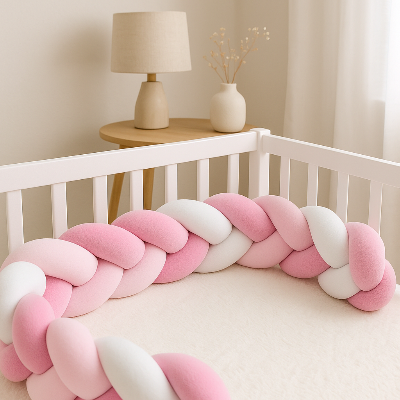 tour de lit tressé rose et blanc longueur de 100 cm faisant le tour sur le côté du lit à barreaux du bébé.