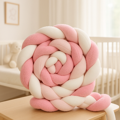 tour-de-lit-tressé-rose-et-blanc-enroulé sur lui-même montrant que c'est un protecteur idéal et coupe-vent grâce à son épaisseur. 