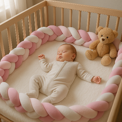 Bébé dort dans son berceau. Le tour de lit tressé rose et blanc fait tout le périmètre autour de son lit. 