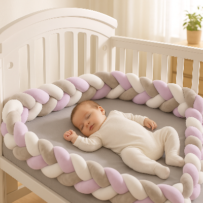 Tour de lit tressé violet, blanc et gris installé autour de bébé qui dort paisiblement.