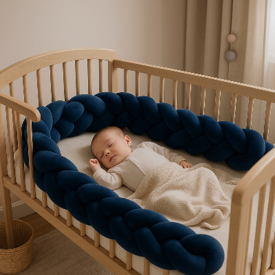 Tour de lit tressé 3 brins bleu installé dans le lit à barreaux. Bébé dort tranquillement.
