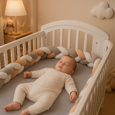 Tour de lit tressé beige, blanc et gris, vue de côté, bébé dort dedans tranquillement.