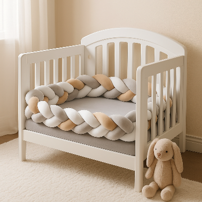 Tour de lit tressé beige, blanc et gris, vue de devant, dans un lit à barreaux.