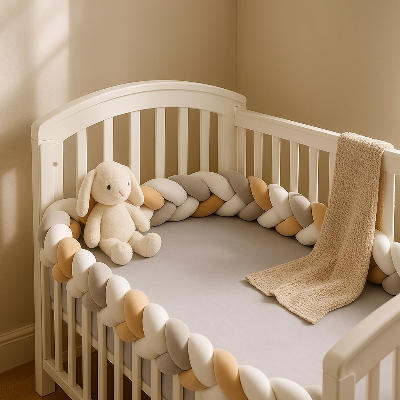 Tour de lit tressé beige, blanc et gris, vue de haut et le côté, installé dans un lit blanc.