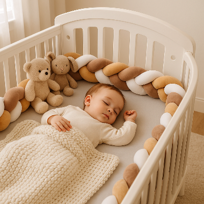 Tour de lit tressé brun, beige et blanc installé dans le lit à barreaux blanc.
