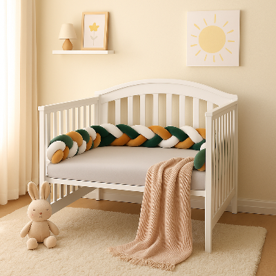 Tour de lit tressé vert, blanc et brun, installé à la moitié du lit.