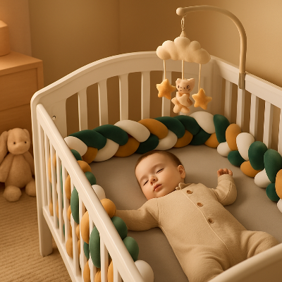 Tour de lit tressé vert, blanc et brun installé autour du lit à barreaux. Bébé dort dedans.