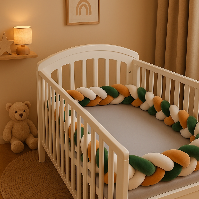 Tour de lit tressé vert, blanc et brun, vue de côté, installé sur tout le contour du lit.